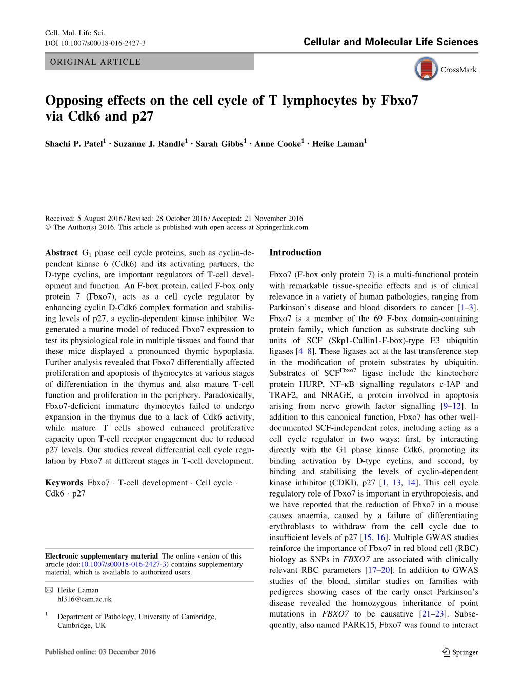 Opposing Effects on the Cell Cycle of T Lymphocytes by Fbxo7 Via Cdk6 and P27
