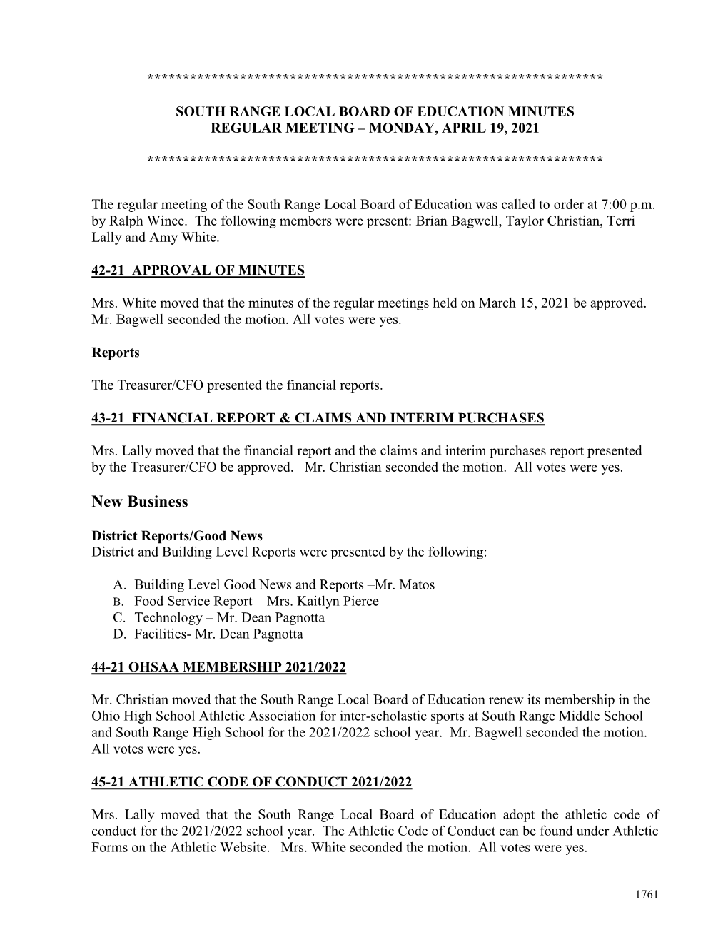 April 2021 Board Minutes