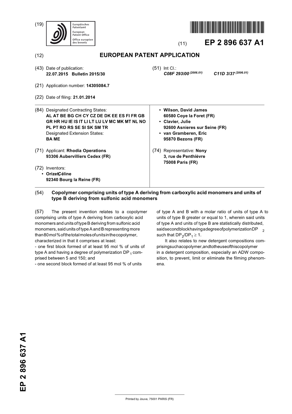 Copolymer Comprising Units of Type a Deriving from Carboxylic Acid Monomers and Units of Type B Deriving from Sulfonic Acid Monomers