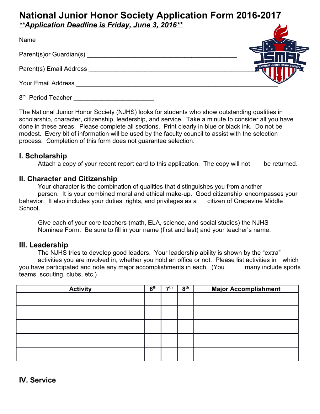 National Junior Honor Society Application Form