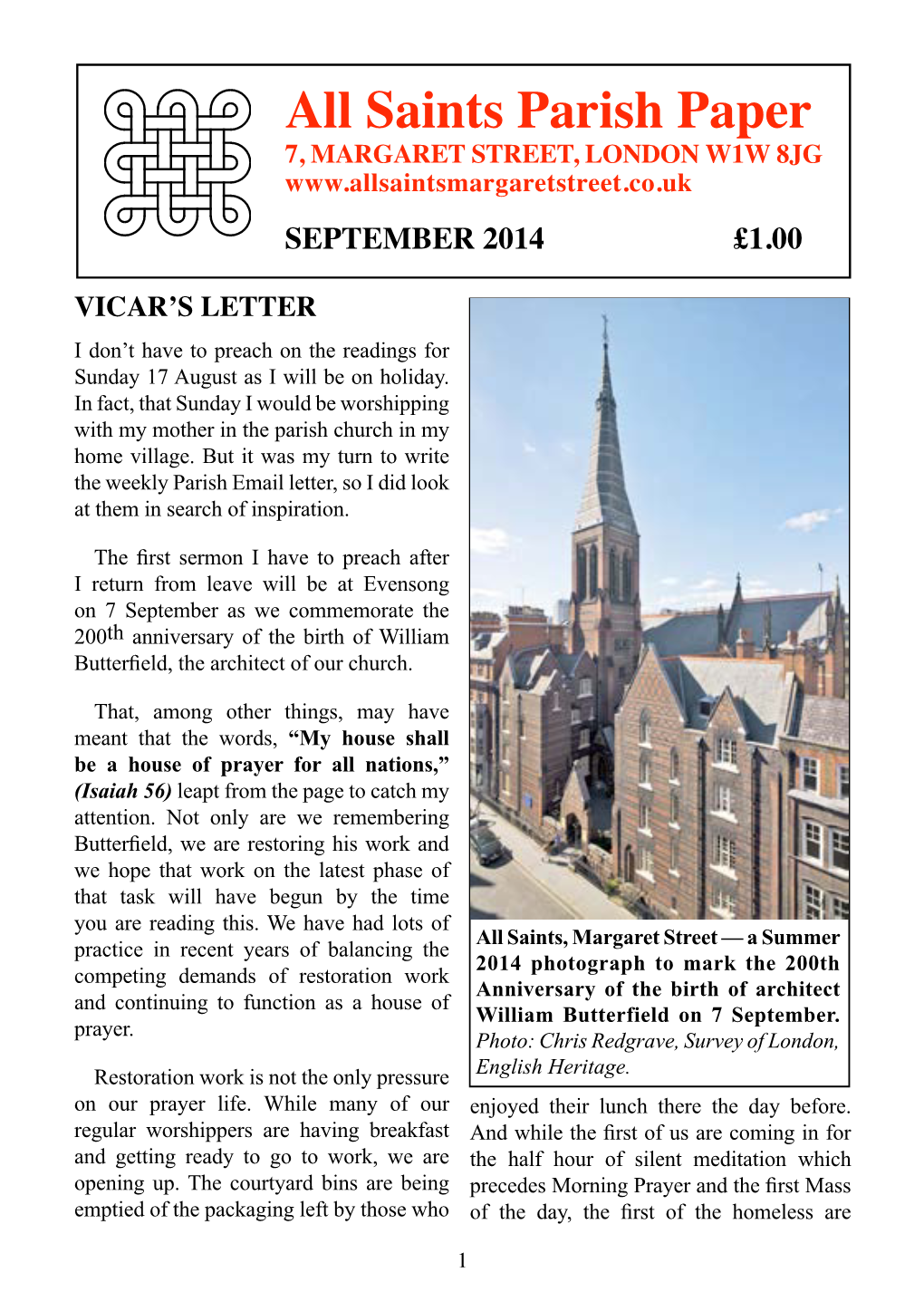 Parish Paper 7, MARGARET STREET, LONDON W1W 8JG September 2014 £1.00