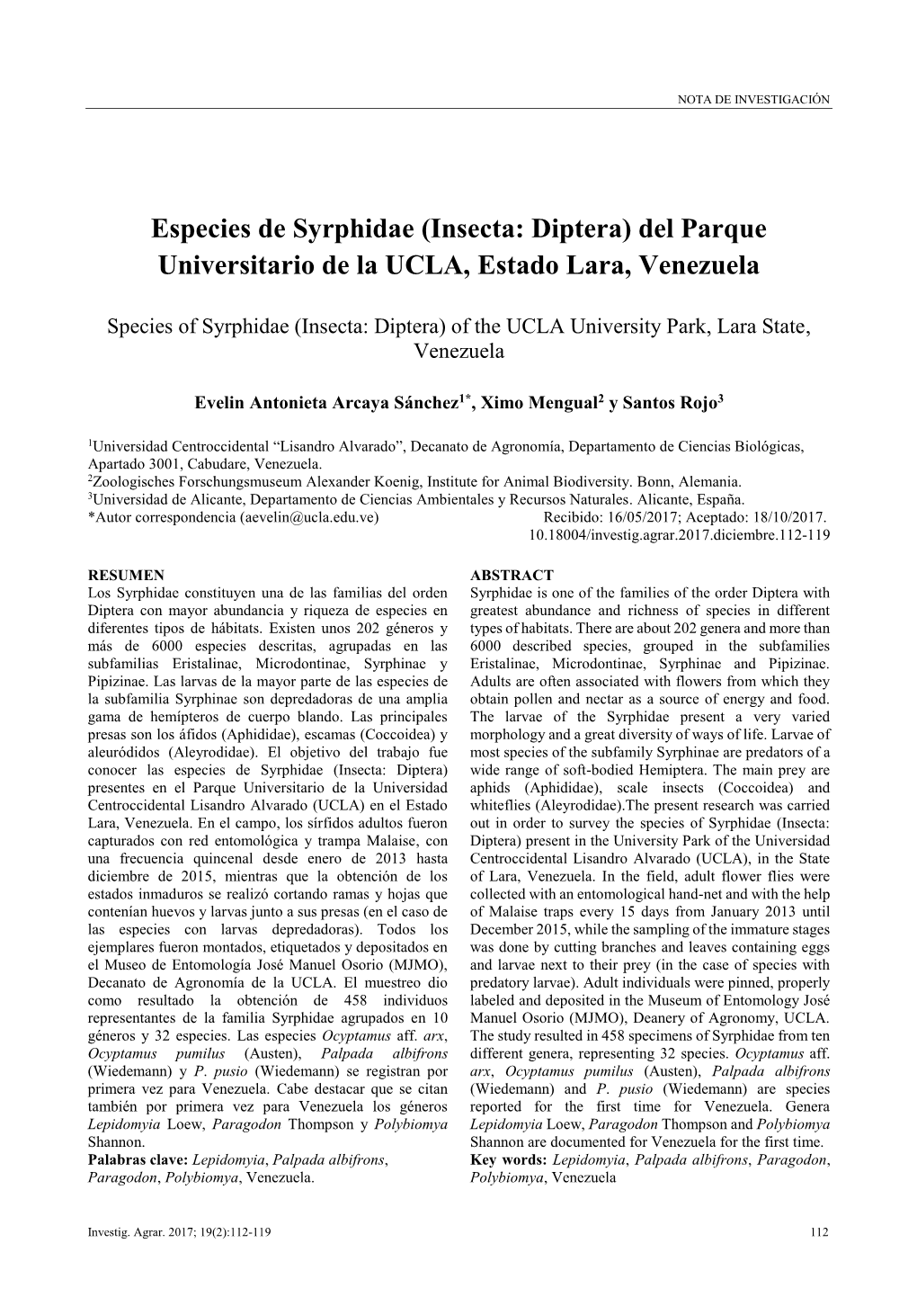 Species of Syrphidae (Insecta: Diptera) of the UCLA University Park, Lara State, Venezuela