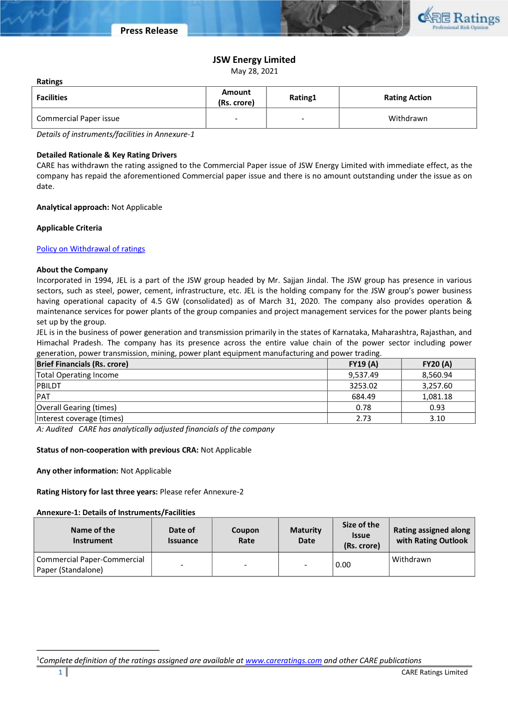 Press Release JSW Energy Limited