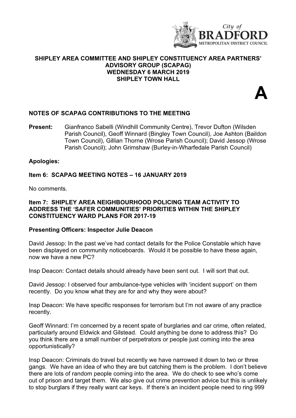 (Scapag) Wednesday 6 March 2019 Shipley Town Hall A