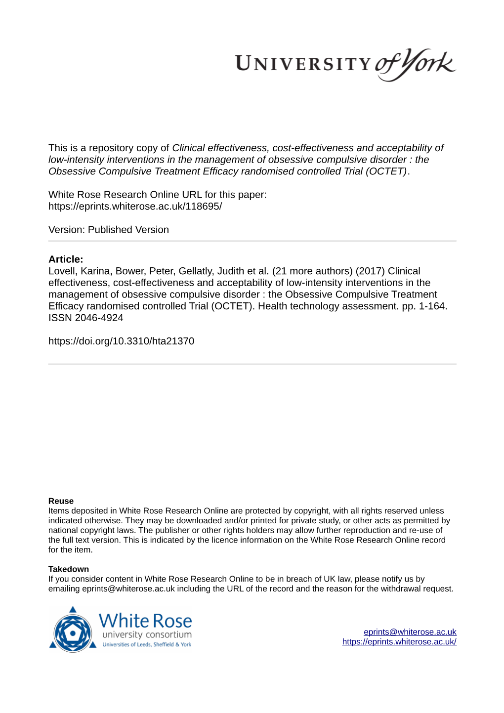 Compulsive Disorder : the Obsessive Compulsive Treatment Efficacy Randomised Controlled Trial (OCTET)