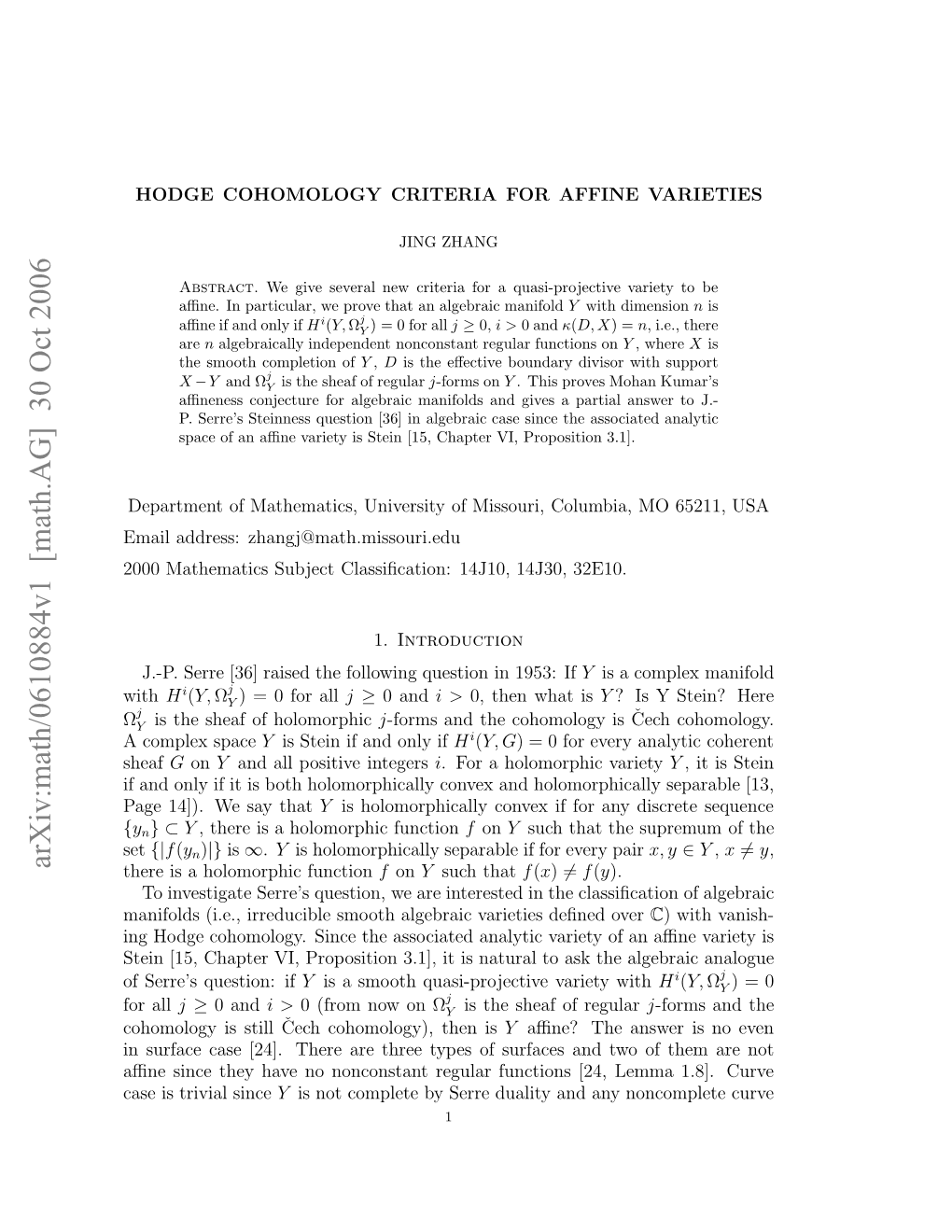 Arxiv:Math/0610884V1 [Math.AG] 30 Oct 2006 with 00Mteaissbetcasﬁain 41,1J0 32E10