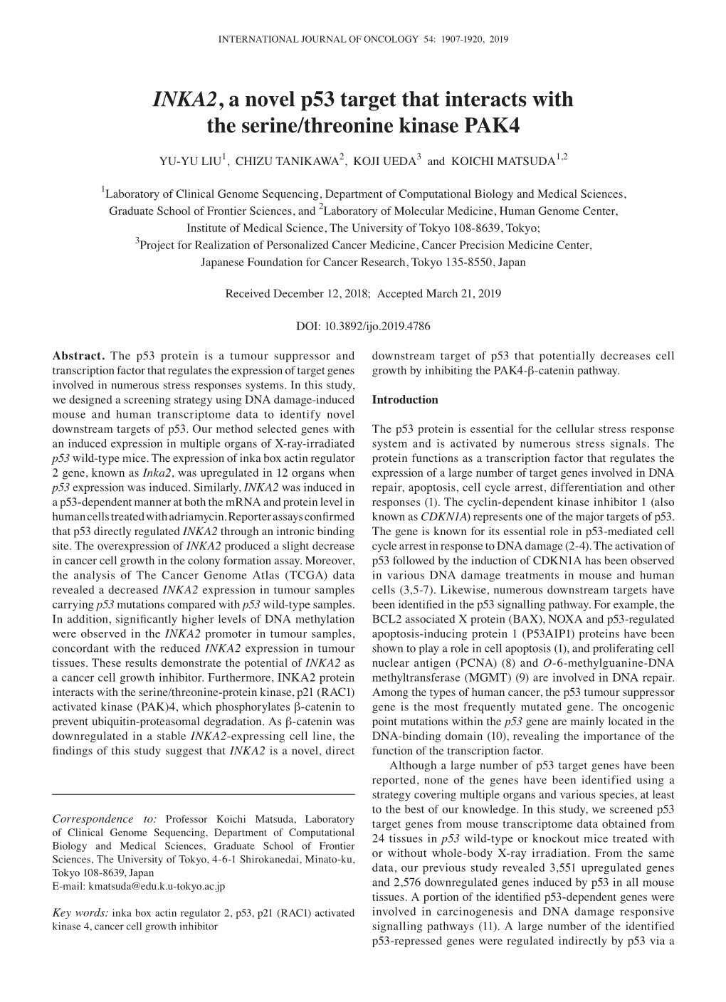 INKA2, a Novel P53 Target That Interacts with the Serine/Threonine Kinase PAK4