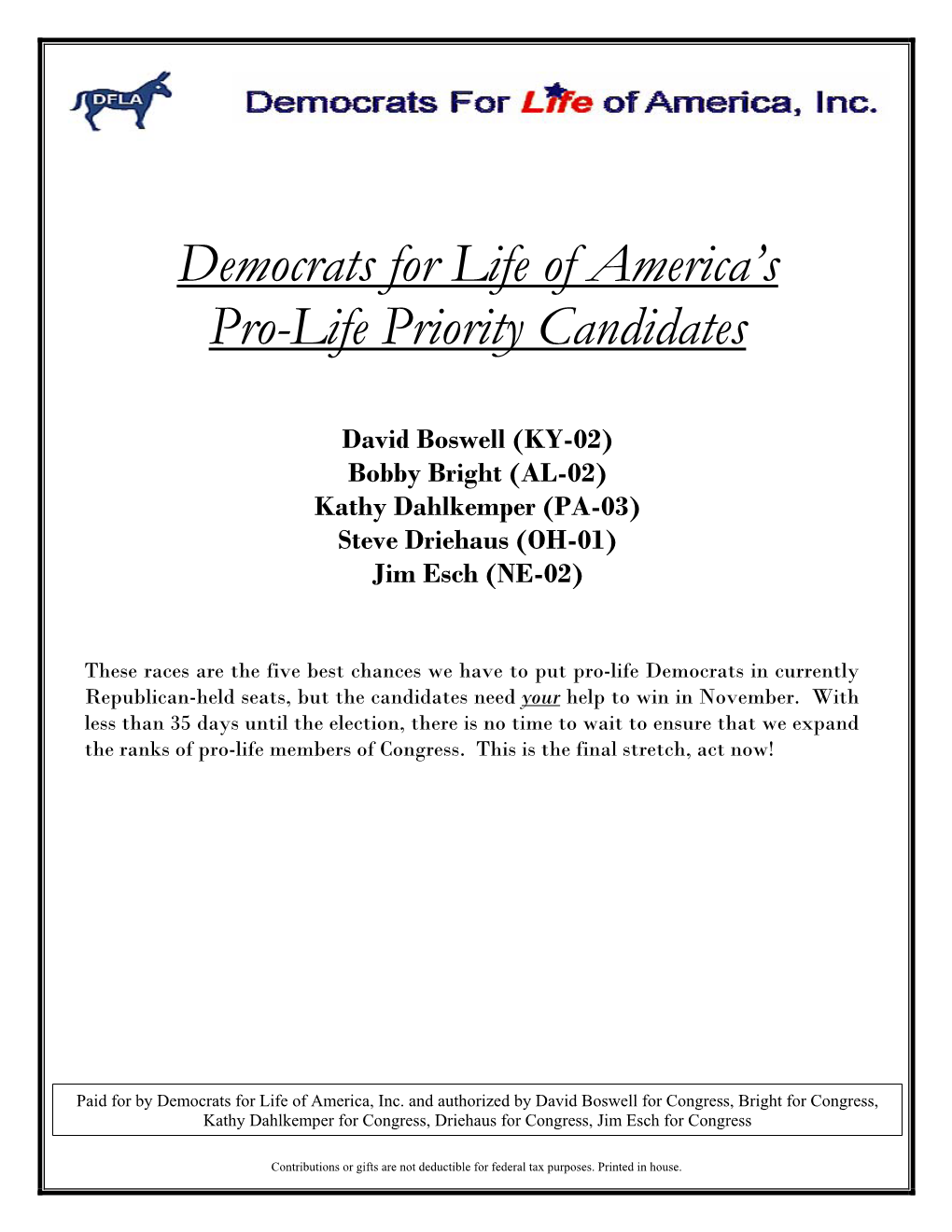 Democrats for Life of America's Pro-Life Priority Candidates