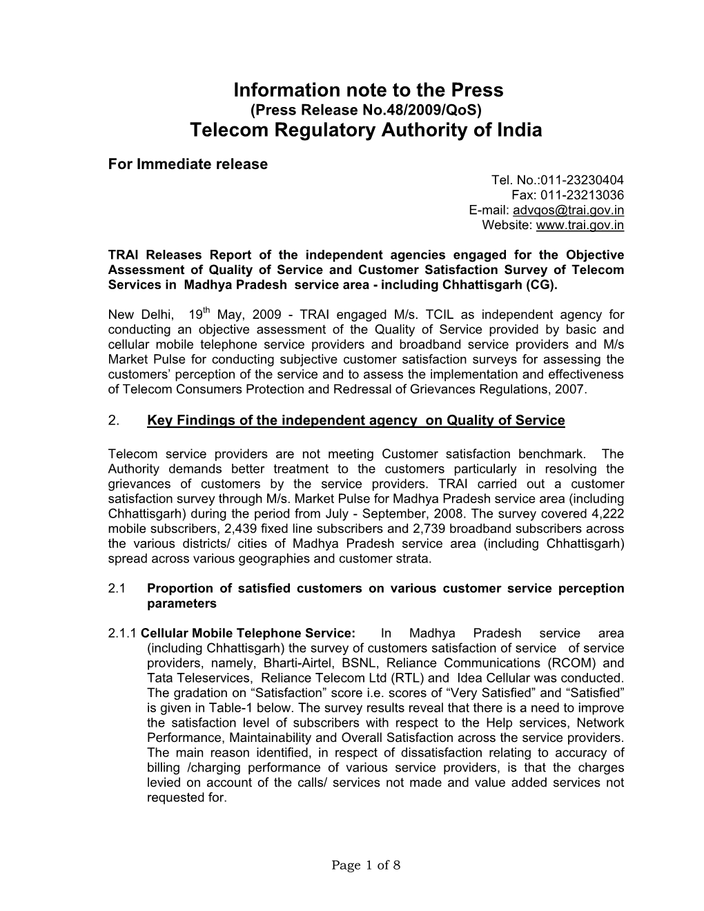 Information Note to the Press Telecom Regulatory Authority of India