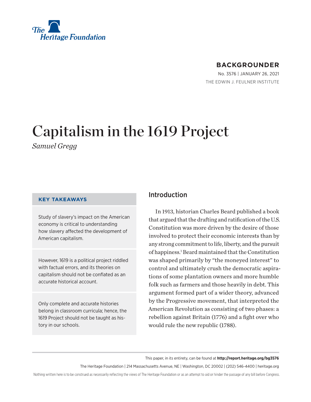 Capitalism in the 1619 Project Samuel Gregg