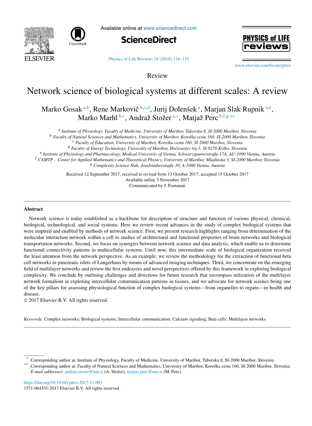 Network Science of Biological Systems at Different Scales: a Review