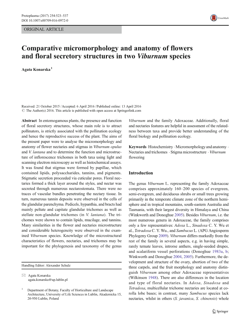 Comparative Micromorphology and Anatomy of Flowers and Floral Secretory Structures in Two Viburnum Species