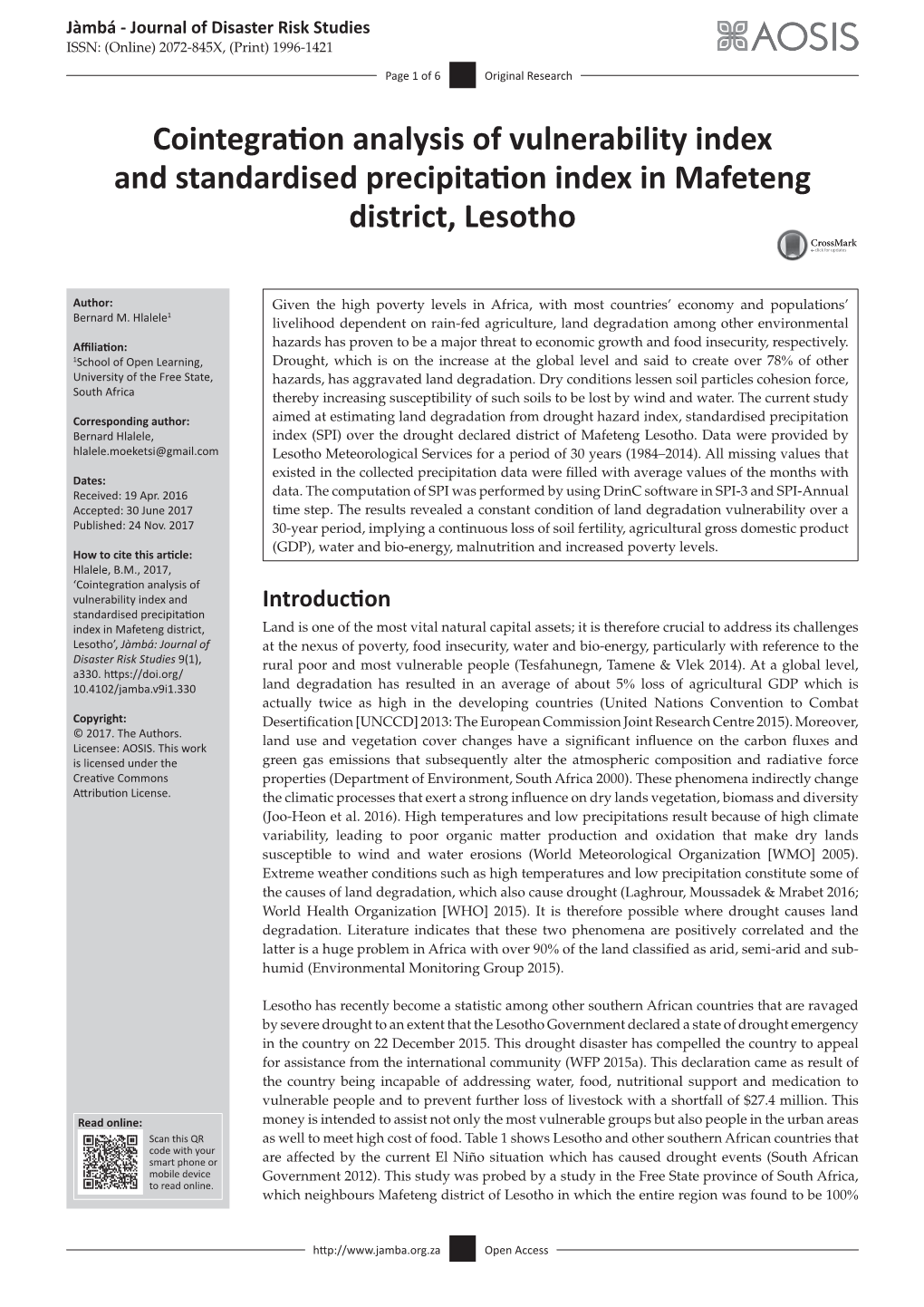 Cointegration Analysis of Vulnerability Index and Standardised Precipitation Index in Mafeteng District, Lesotho