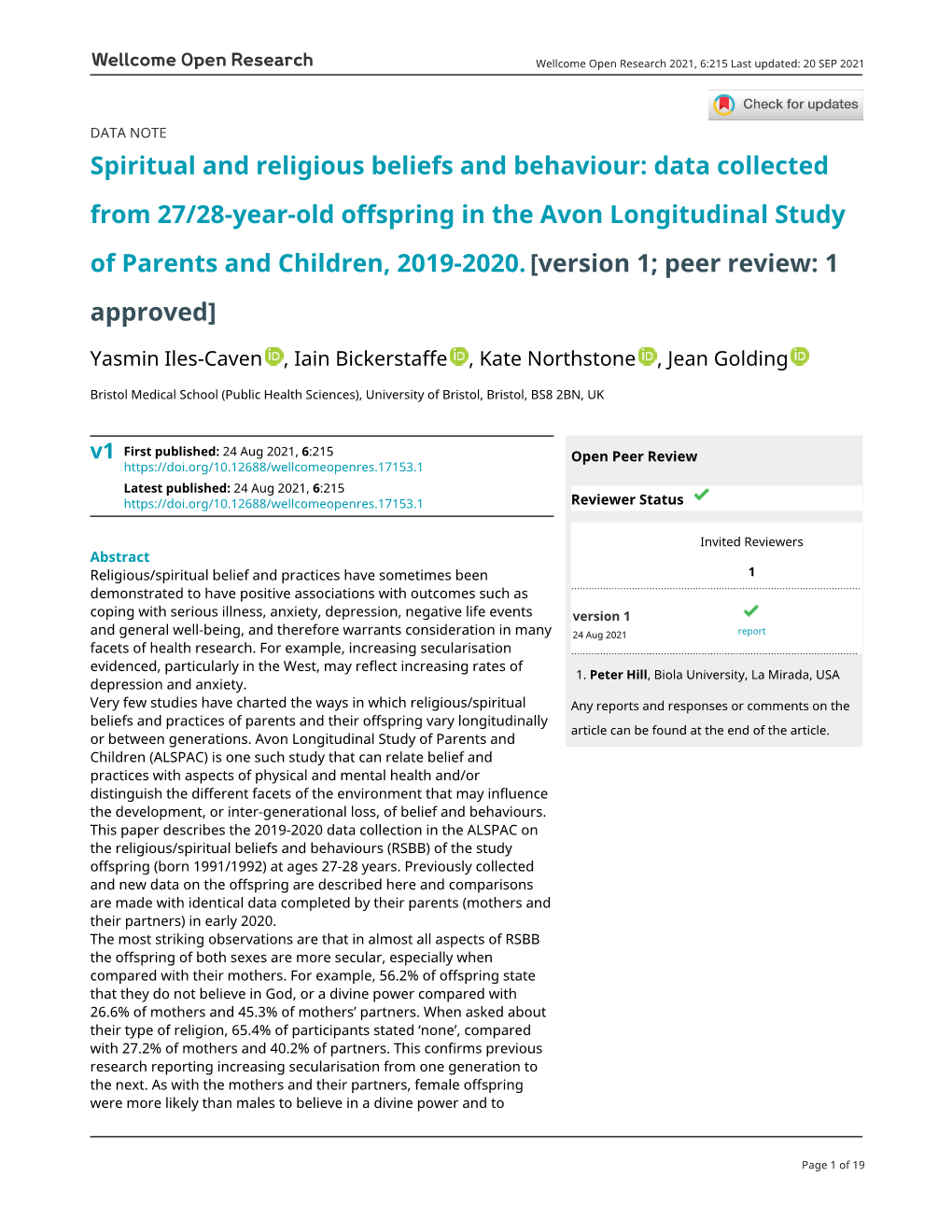 Spiritual and Religious Beliefs and Behaviour: Data Collected from 27/28-Year-Old Offspring in the Avon Longitudinal Study of Parents and Children, 2019-2020