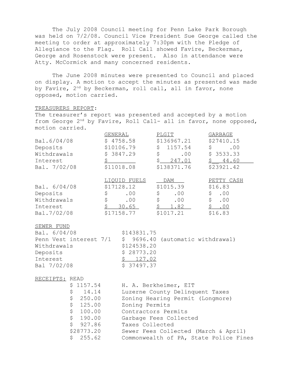 The February 2005 Council Meeting for Penn Lake Park Borough Commenced at Approximately 7:30Pm