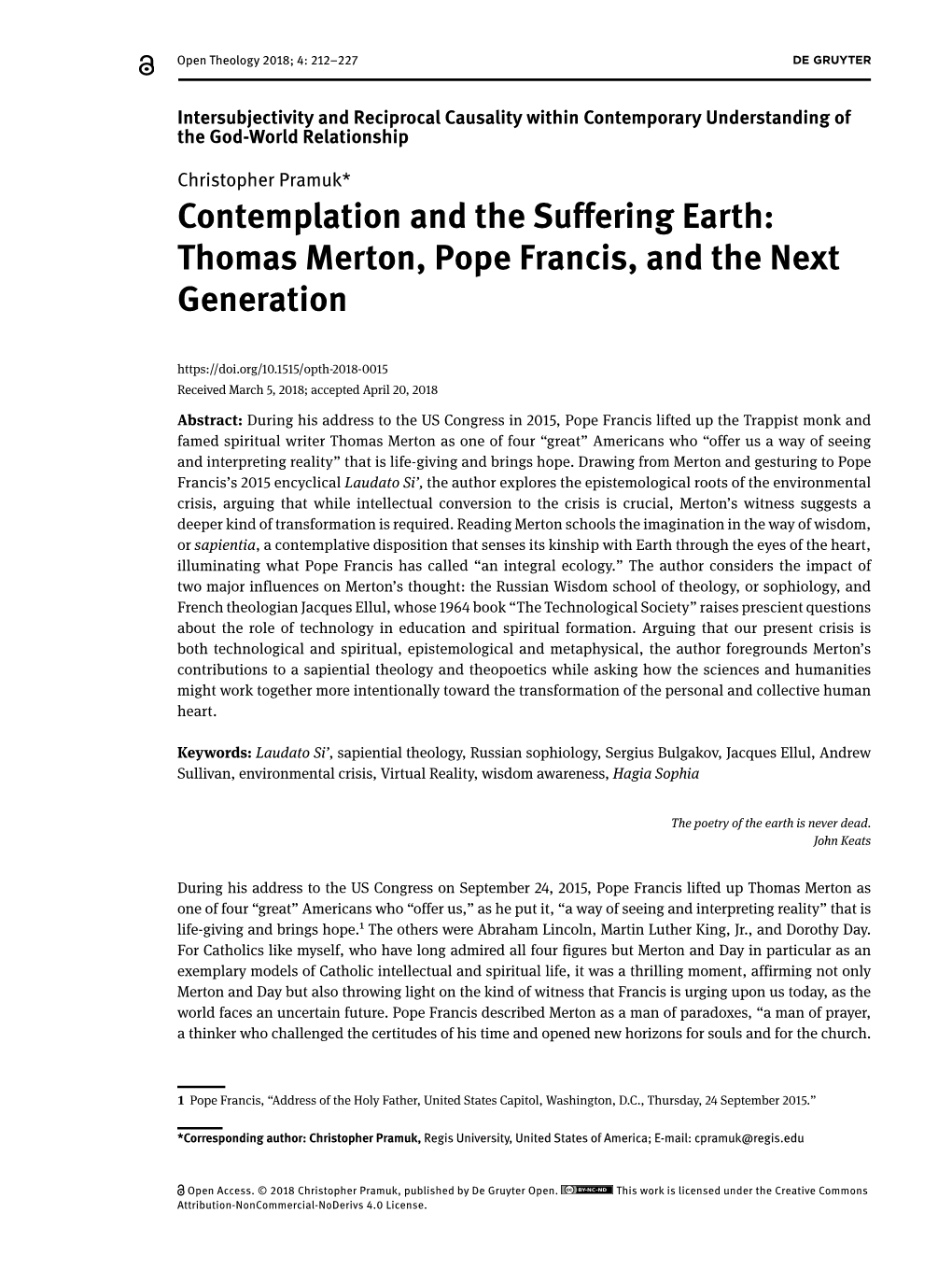 Contemplation and the Suffering Earth: Thomas Merton, Pope Francis, and the Next Generation