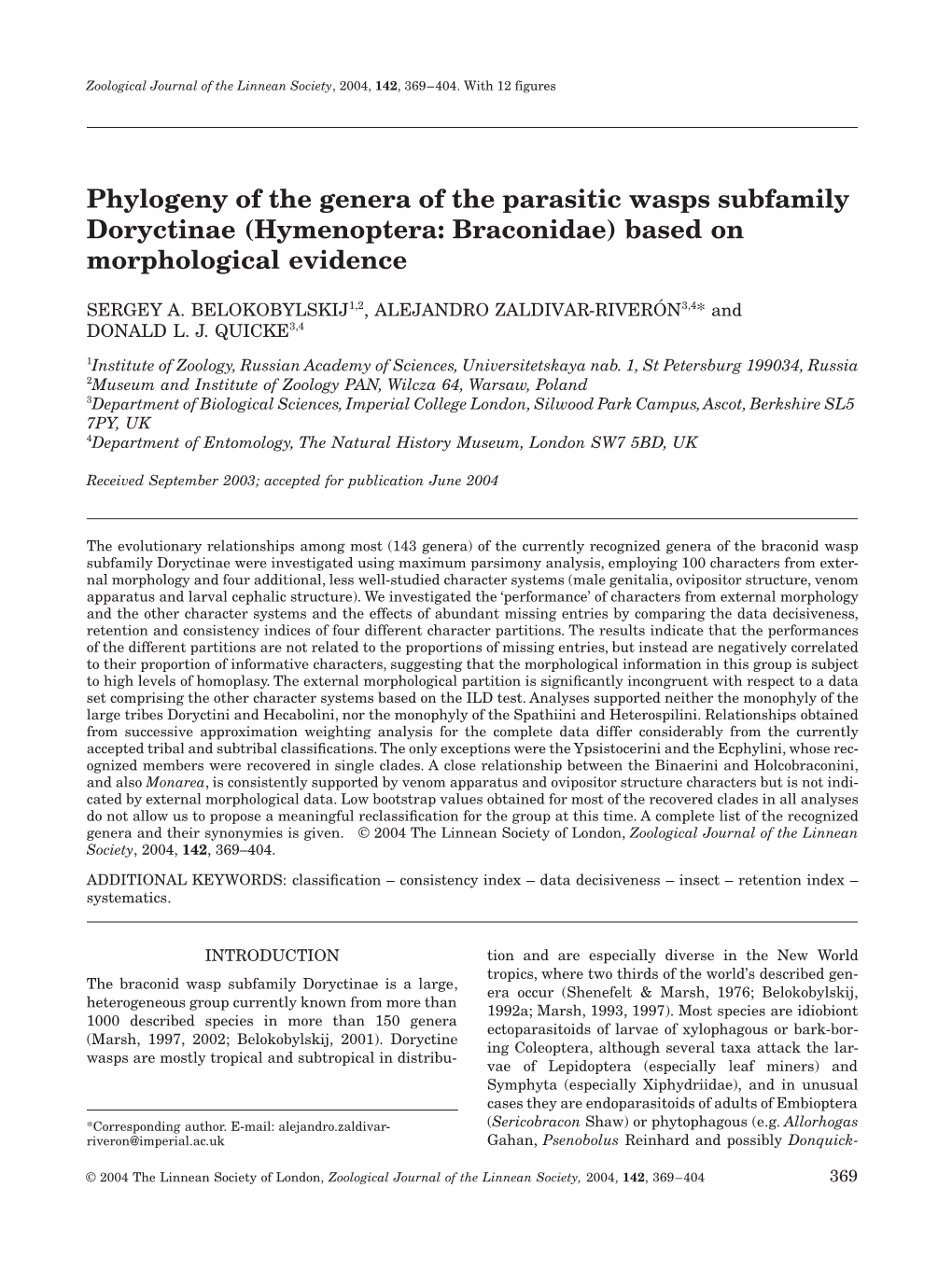 Phylogeny of the Genera of the Parasitic Wasps Subfamily Doryctinae (Hymenoptera: Braconidae) Based on Morphological Evidence