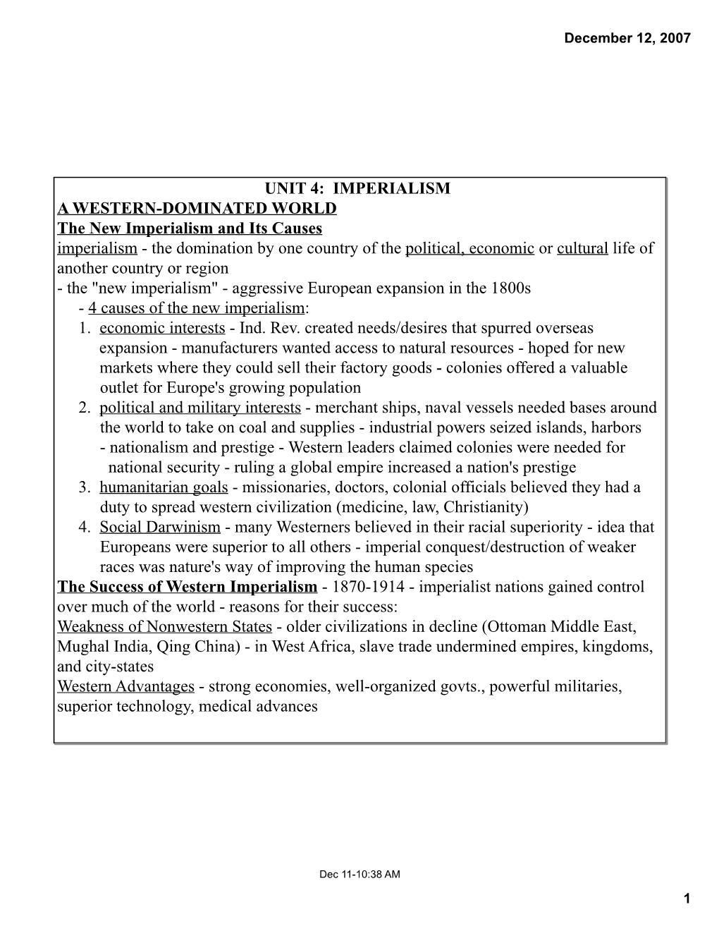 Unit 4: Imperialism a Western-Dominated World