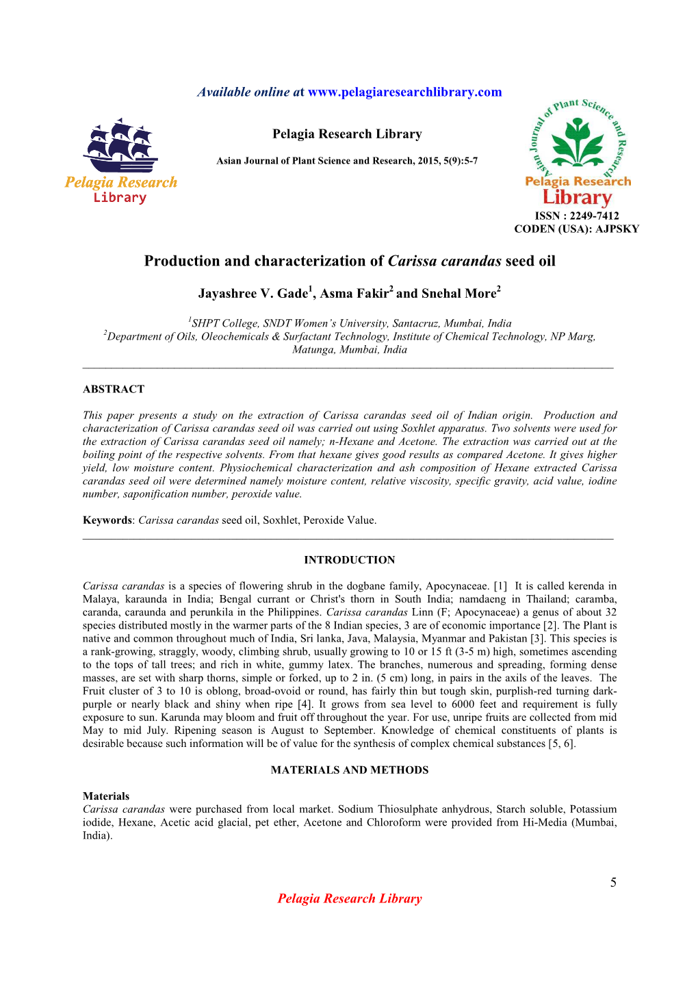 Production and Characterization of Carissa Carandas Seed Oil