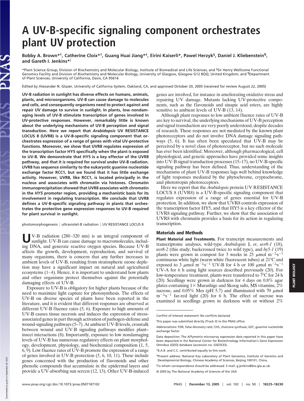 A UV-B-Specific Signaling Component Orchestrates Plant UV Protection