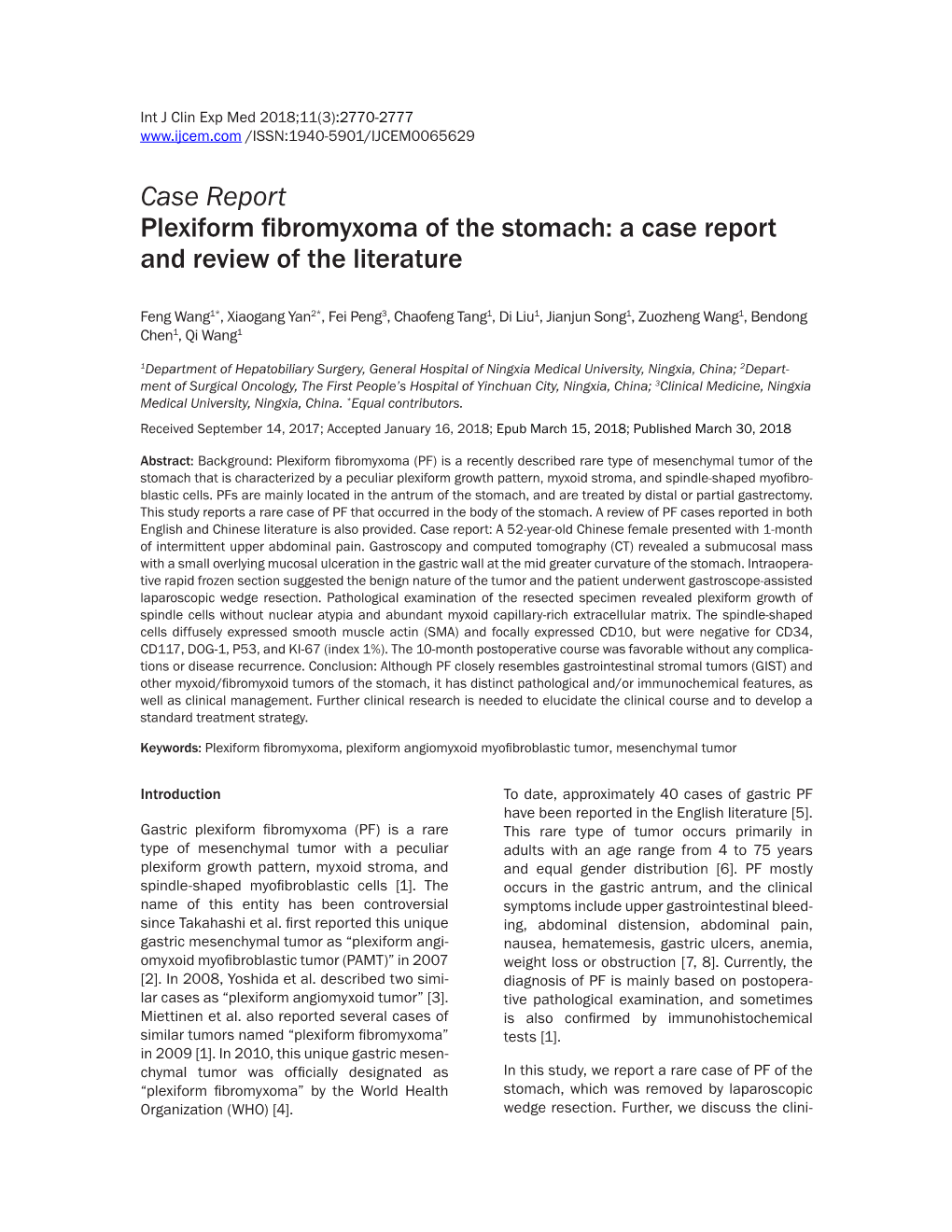 Case Report Plexiform Fibromyxoma of the Stomach: a Case Report and Review of the Literature