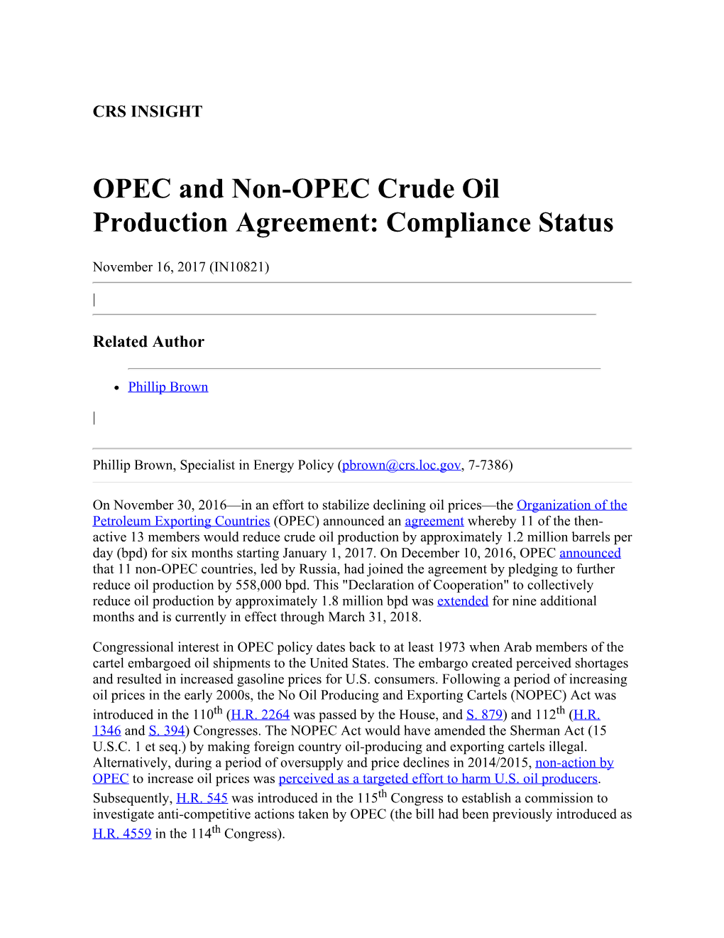 OPEC and Non-OPEC Crude Oil Production Agreement: Compliance Status