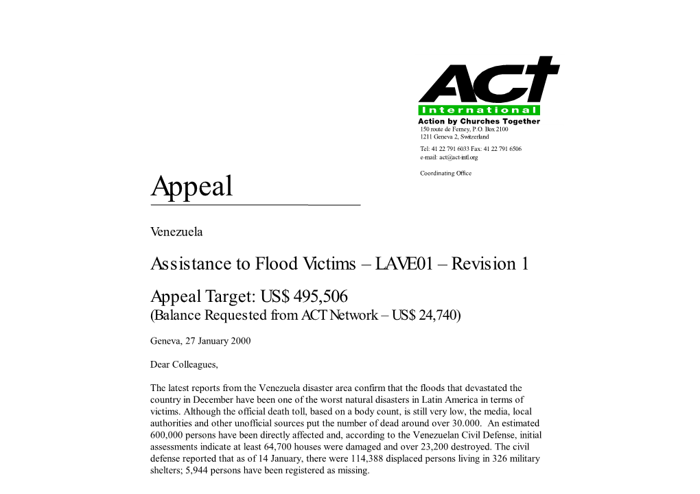 Appeal Venezuela Assistance to Flood Victims