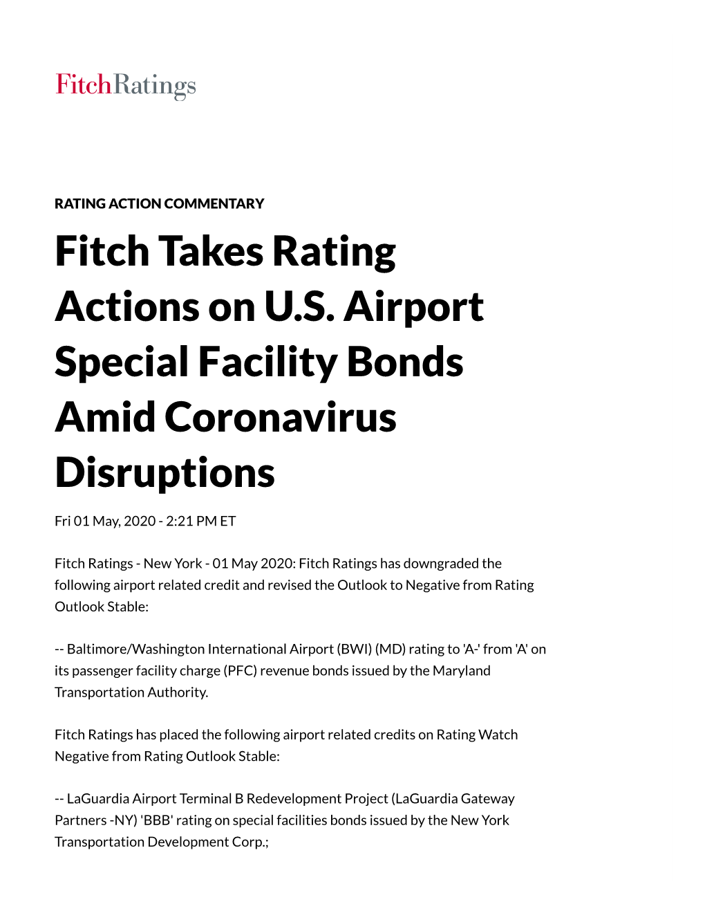 Fitch Takes Rating Actions on U.S. Airport Special Facility Bonds Amid Coronavirus Disruptions