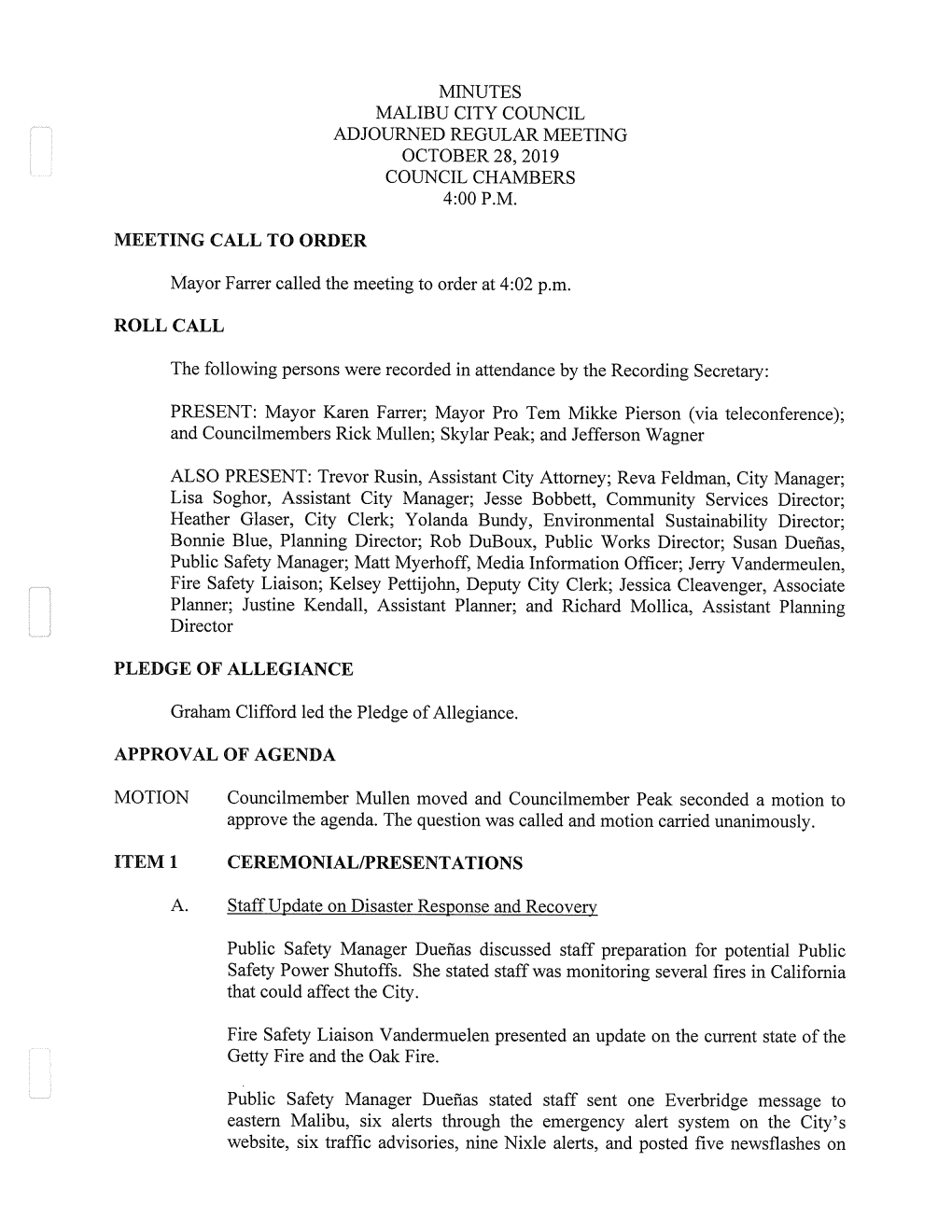 Minutes Malibu City Council Adjourned Regular Meeting October 28, 2019 Council Chambers 4:00 P.M