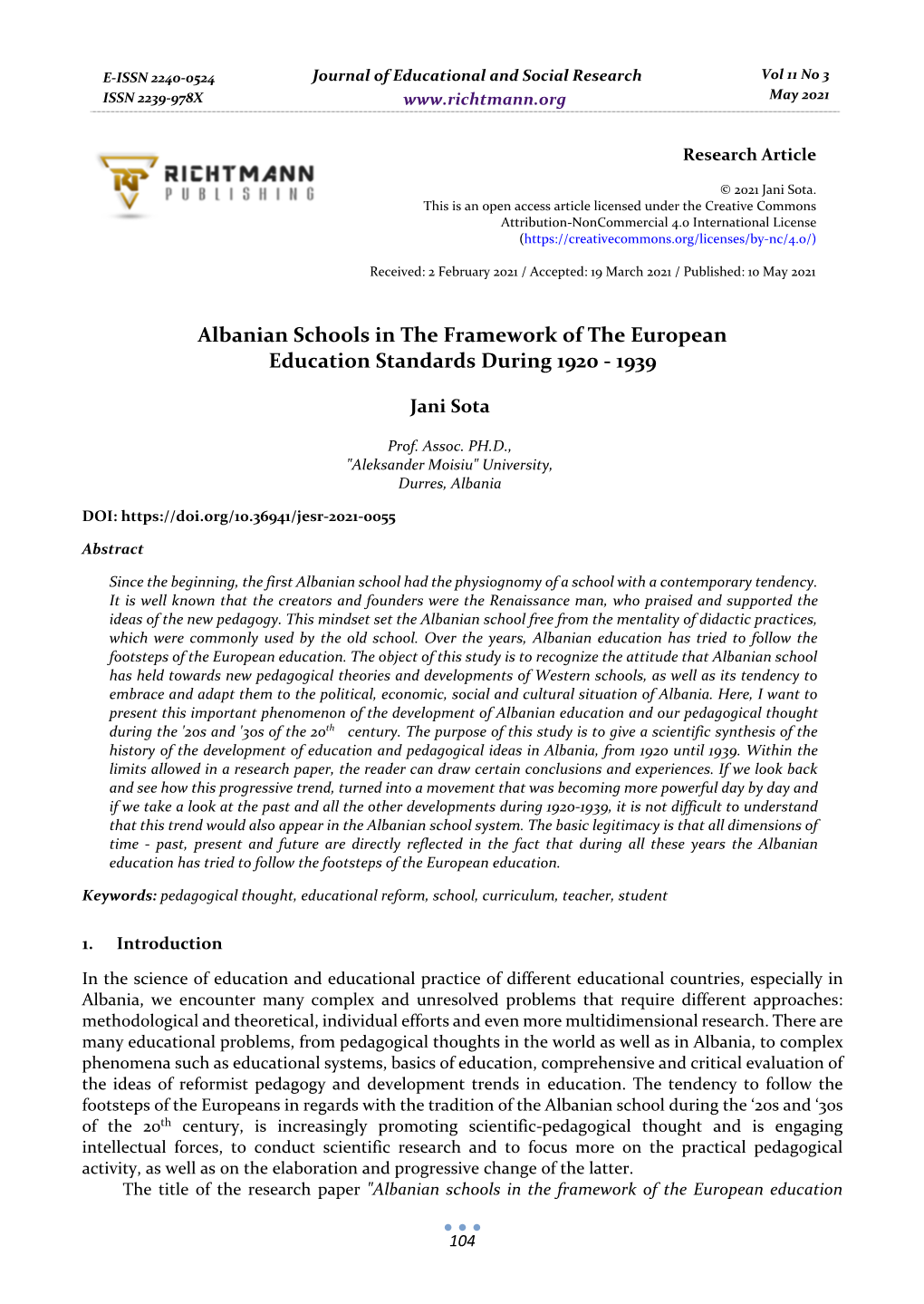 Albanian Schools in the Framework of the European Education Standards During 1920 - 1939