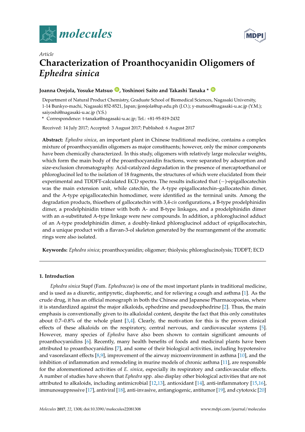 Characterization of Proanthocyanidin Oligomers of Ephedra Sinica