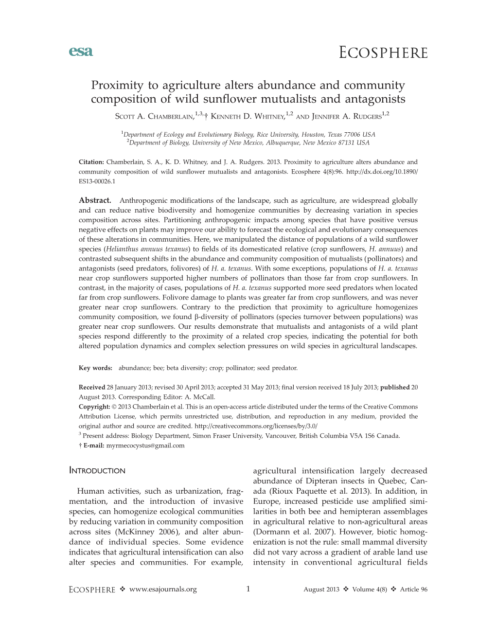 Proximity to Agriculture Alters Abundance and Community Composition of Wild Sunflower Mutualists and Antagonists 1,3, 1,2 1,2 SCOTT A