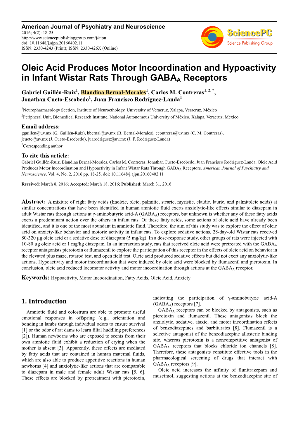 Oleic Acid Produces Motor Incoordination and Hypoactivity in Infant Wistar Rats Through GABAA Receptors