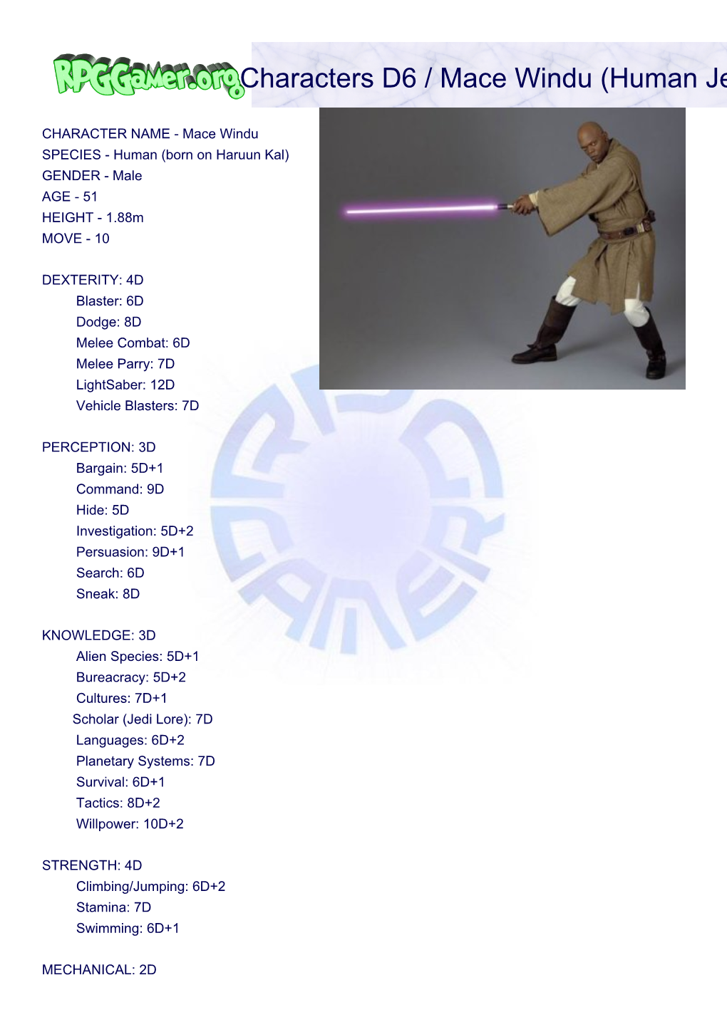 Characters D6 / Mace Windu (Human Jedi Master)