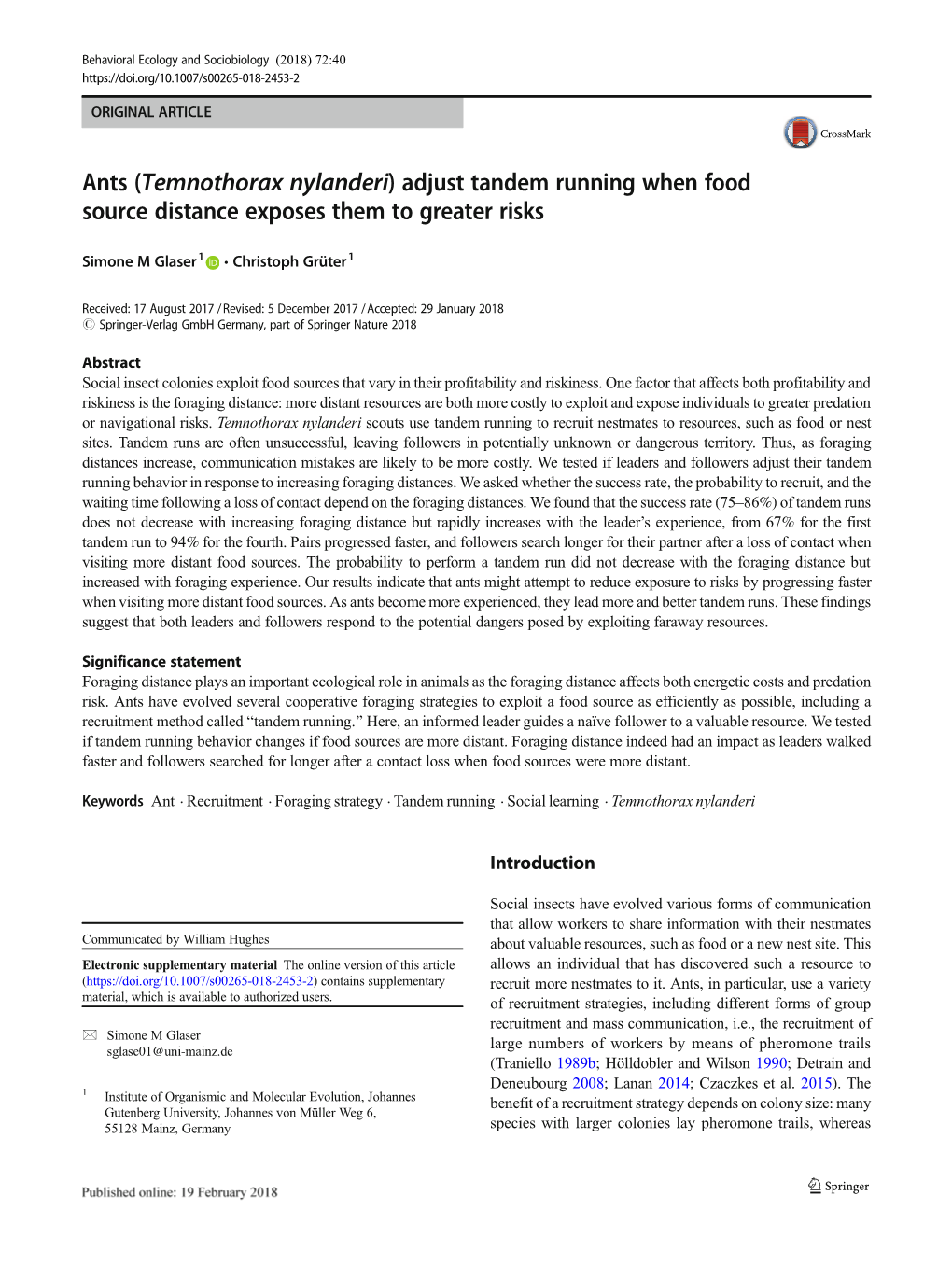 Ants (Temnothorax Nylanderi) Adjust Tandem Running When Food Source Distance Exposes Them to Greater Risks