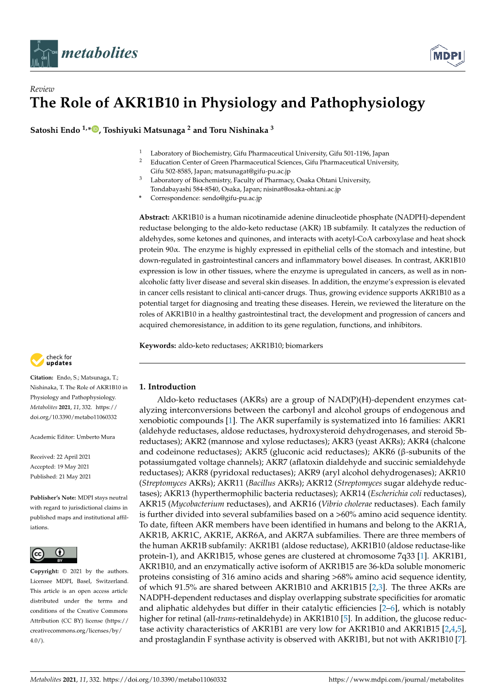 The Role of AKR1B10 in Physiology and Pathophysiology