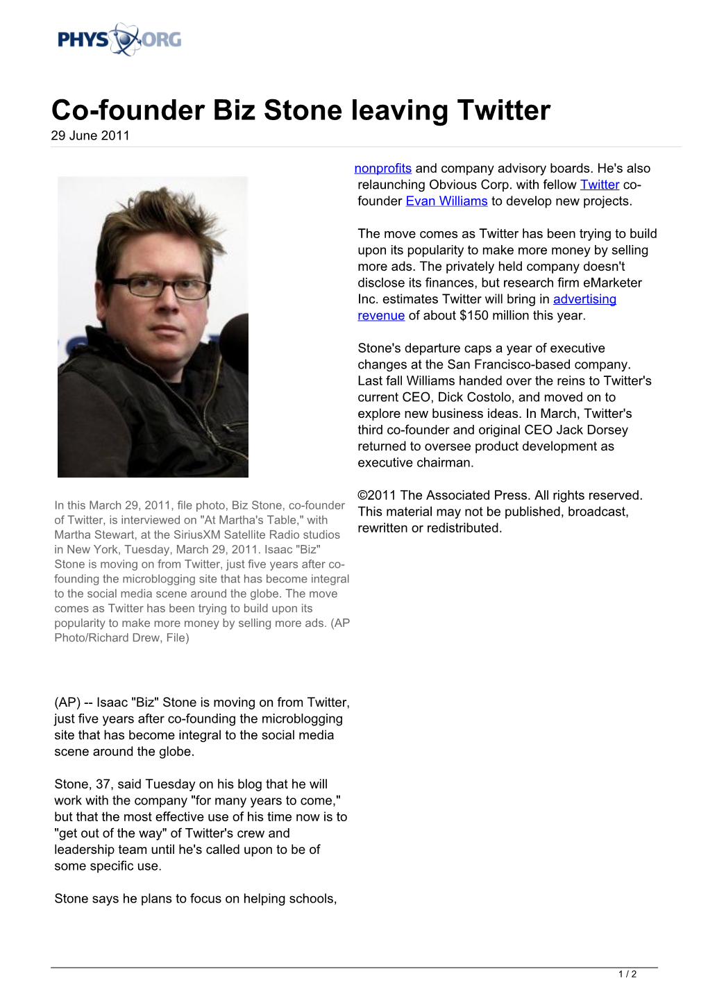 Co-Founder Biz Stone Leaving Twitter 29 June 2011