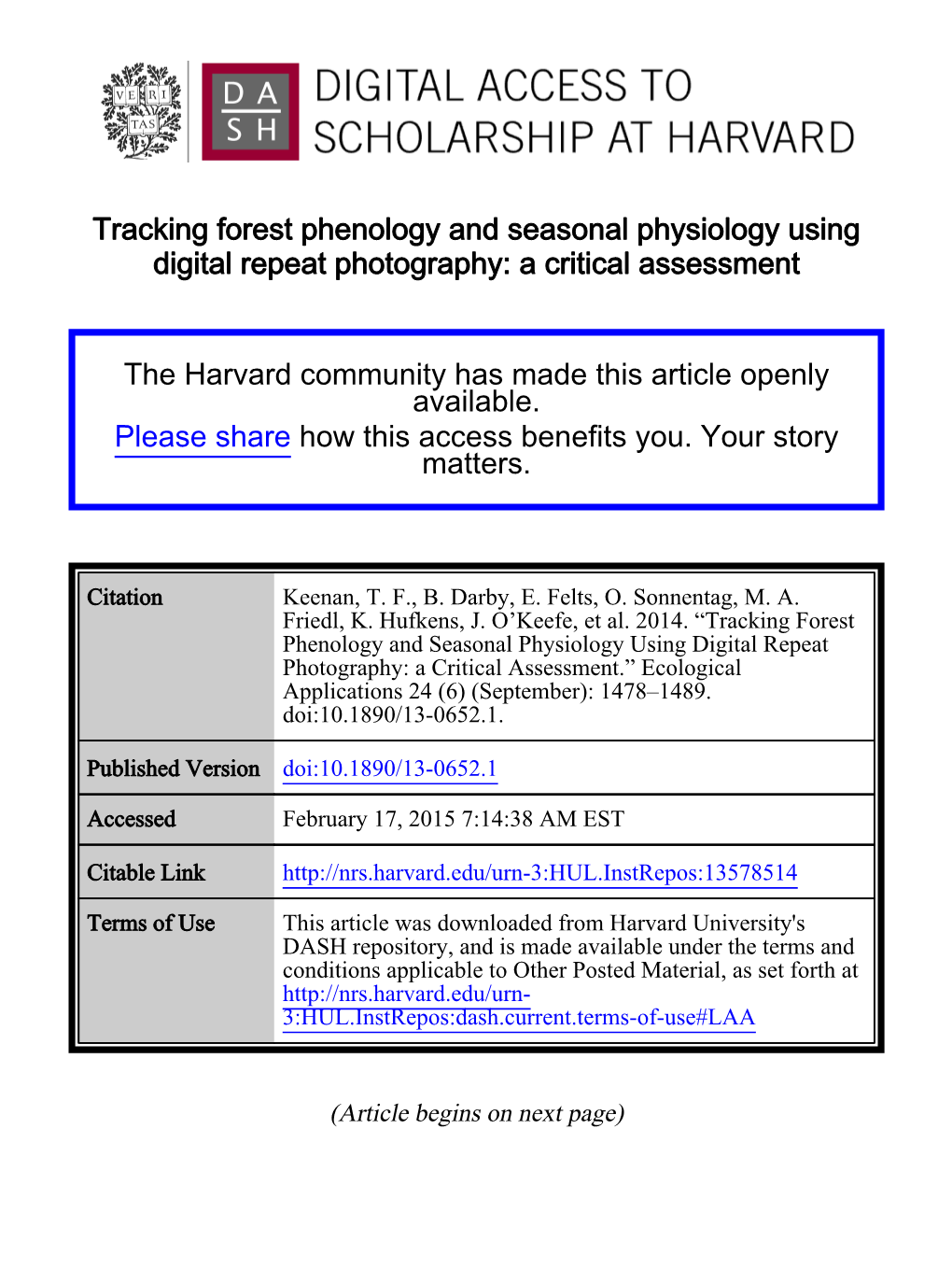 Tracking Forest Phenology and Seasonal Physiology Using Digital Repeat Photography: a Critical Assessment