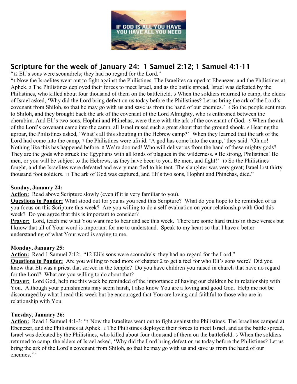 Scripture for the Week of January 24: 1 Samuel 2:12; 1 Samuel 4:1-11