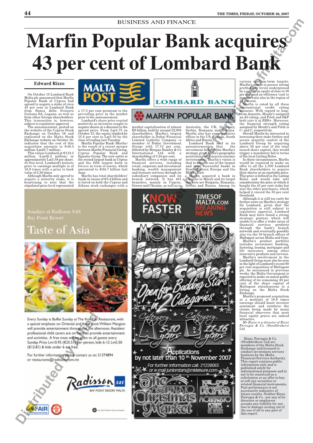 Marfin Popular Bank Acquires 43 Per Cent of Lombard Bank