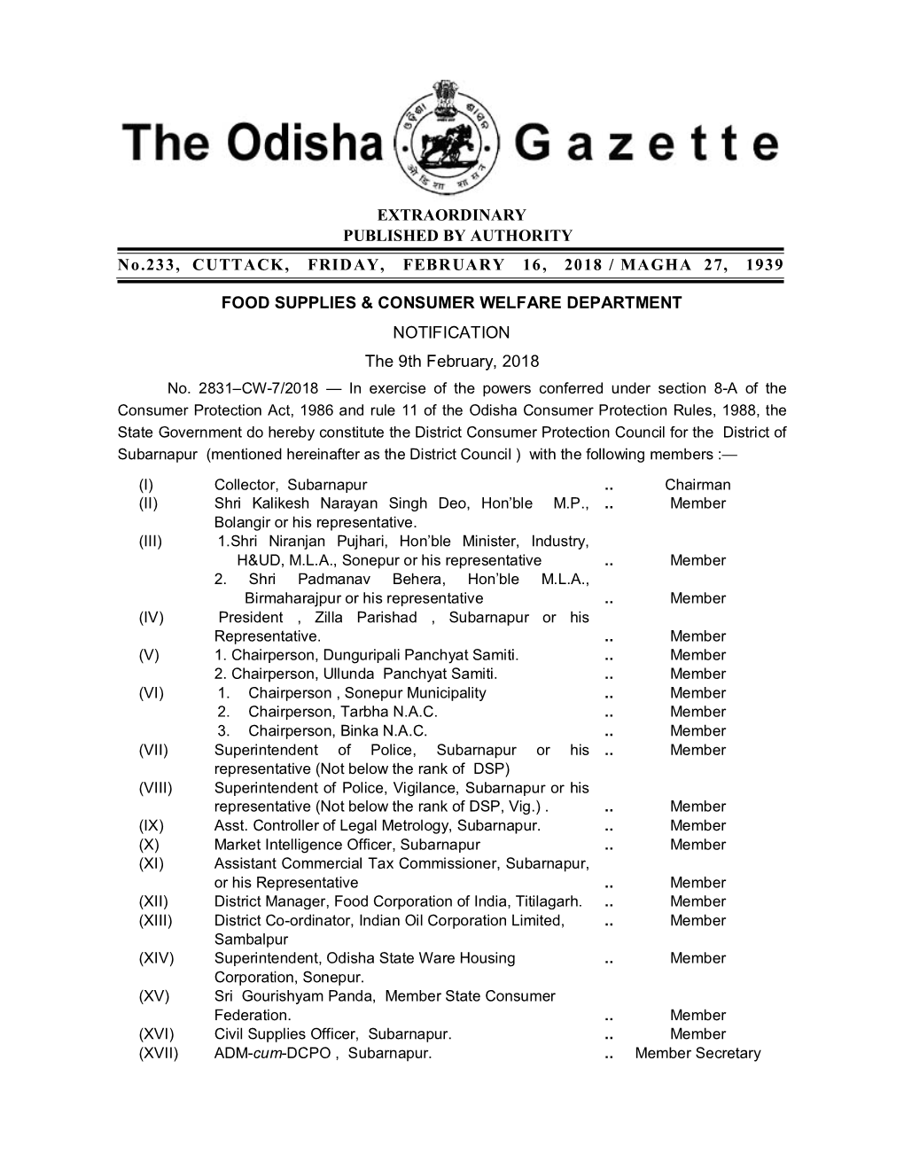 EXTRAORDINARY PUBLISHED by AUTHORITY No.233, CUTTACK, FRIDAY, FEBRUARY 16, 2018 / MAGHA 27, 1939 FOOD SUPPLIES &