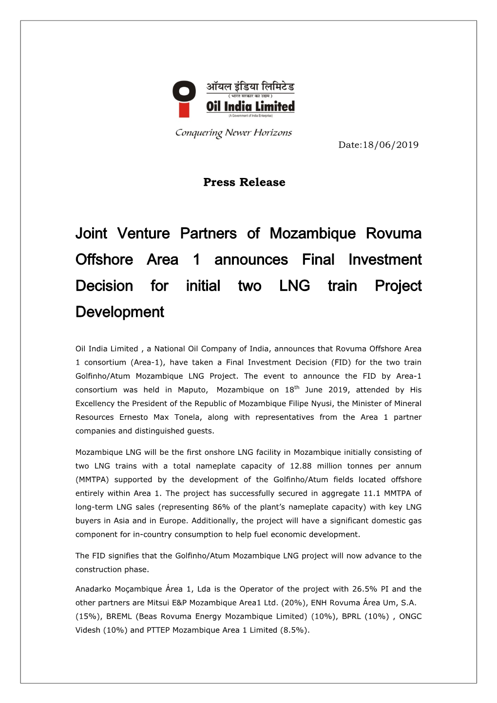 Joint Venture Partners of Mozambique Rovuma Offshore Area 1 Announces Final Investment Decision for Initial Two LNG Train Project