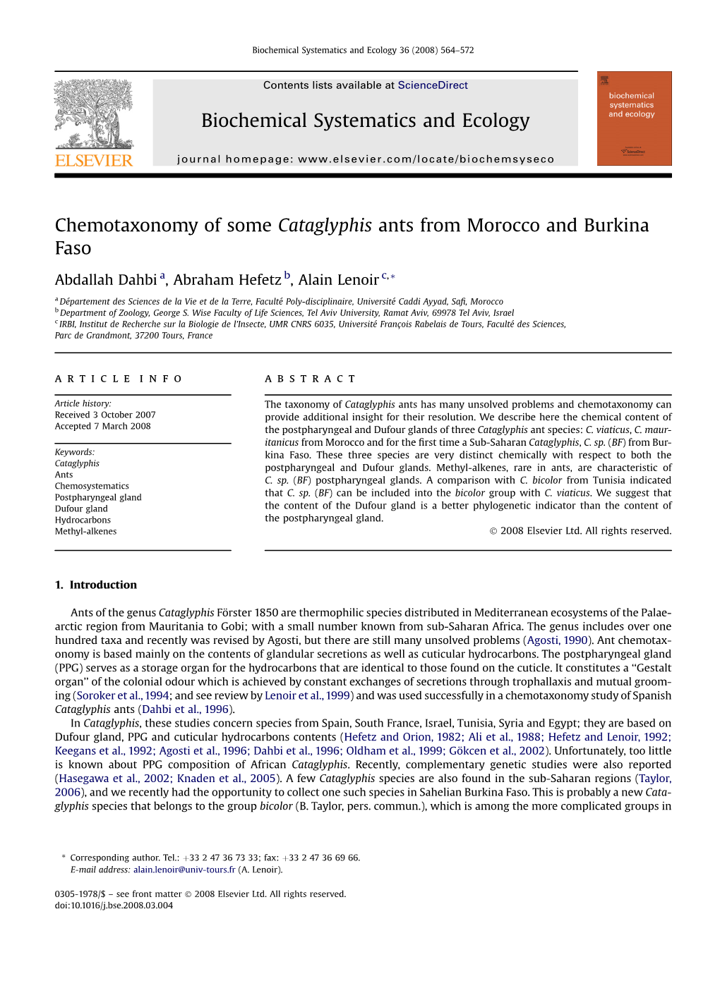 Chemotaxonomy of Some Cataglyphis Ants from Morocco and Burkina Faso