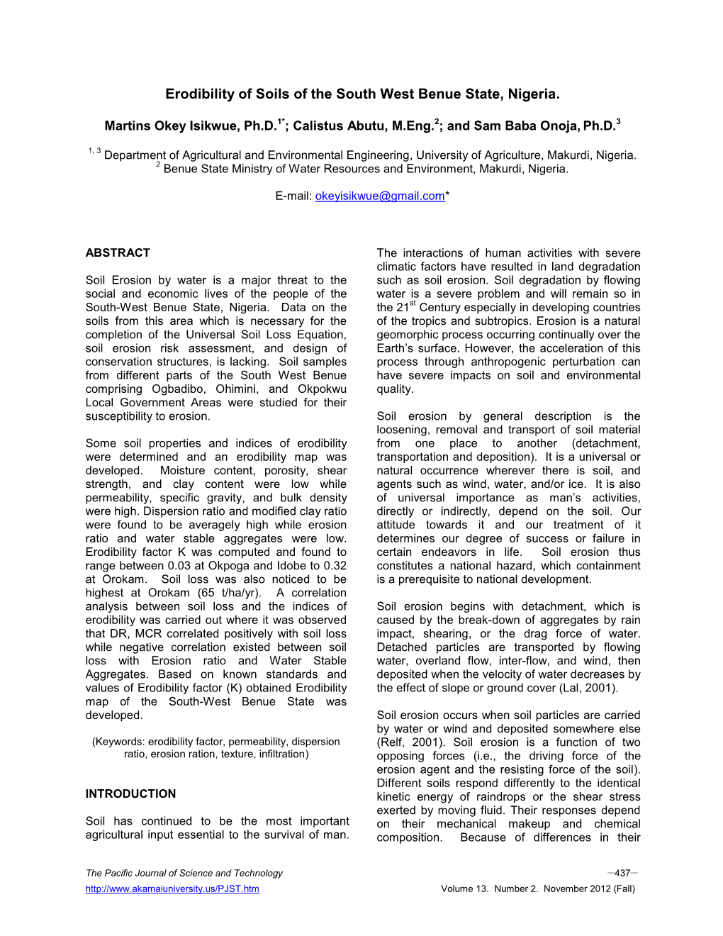 Erodibility of Soils of the South West Benue State, Nigeria