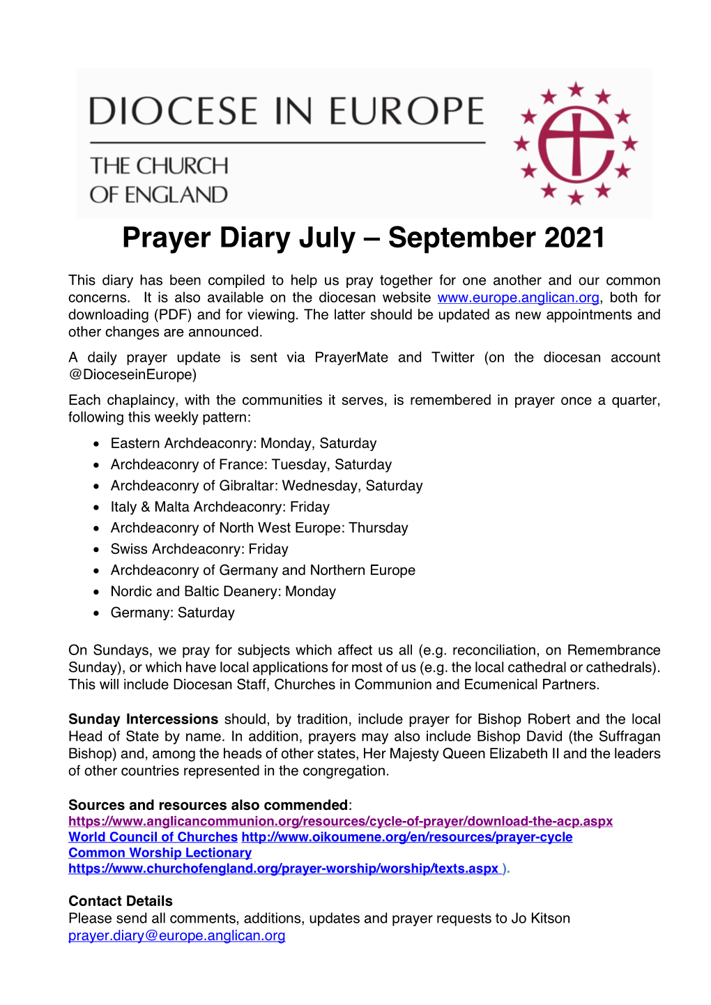 Prayer Diary July – September 2021