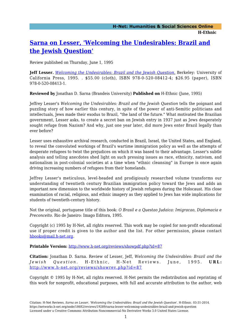 Sarna on Lesser, 'Welcoming the Undesirables: Brazil and the Jewish Question'