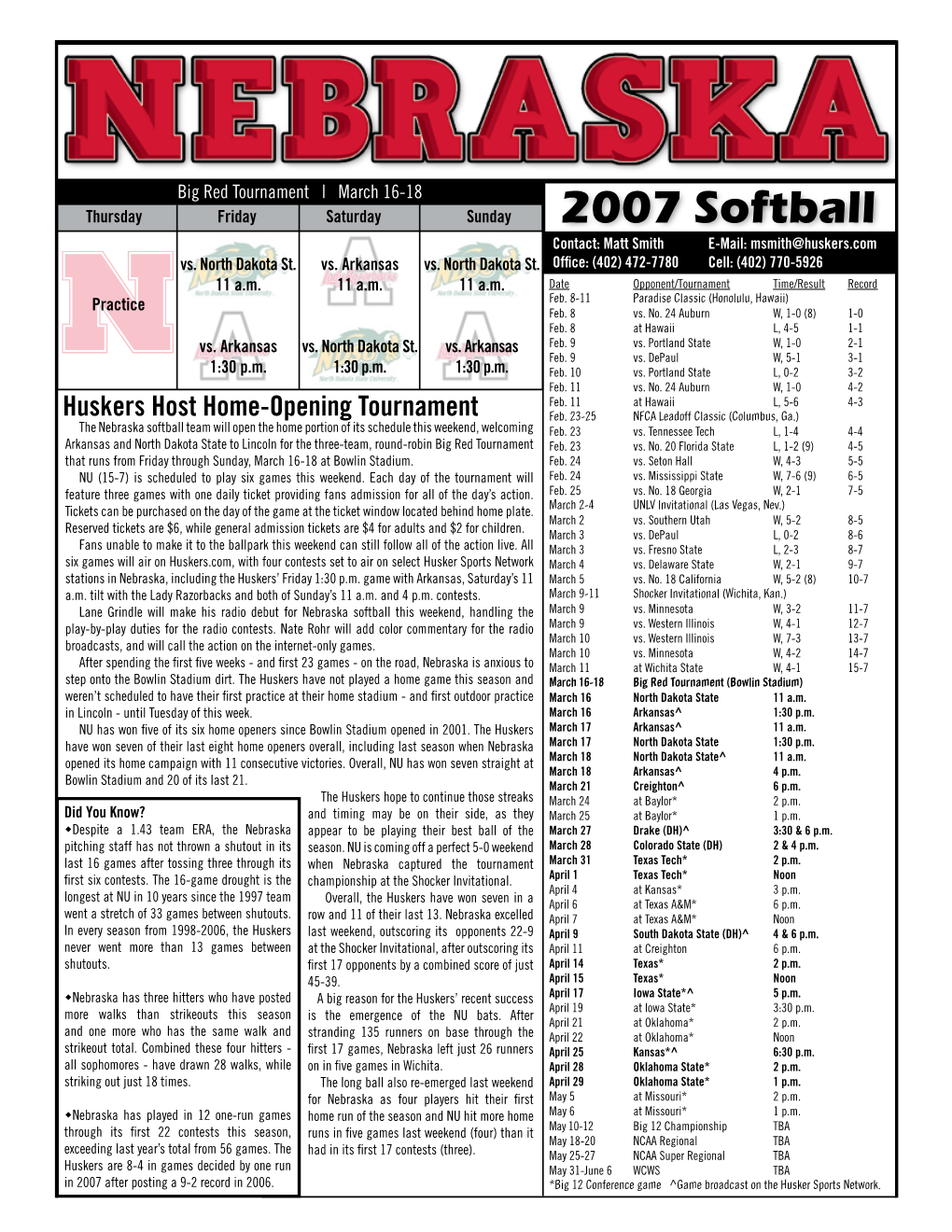 2007 Softball Contact: Matt Smith E-Mail: Msmith@Huskers.Com Vs