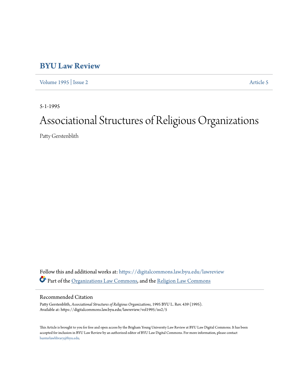 Associational Structures of Religious Organizations Patty Gerstenblith