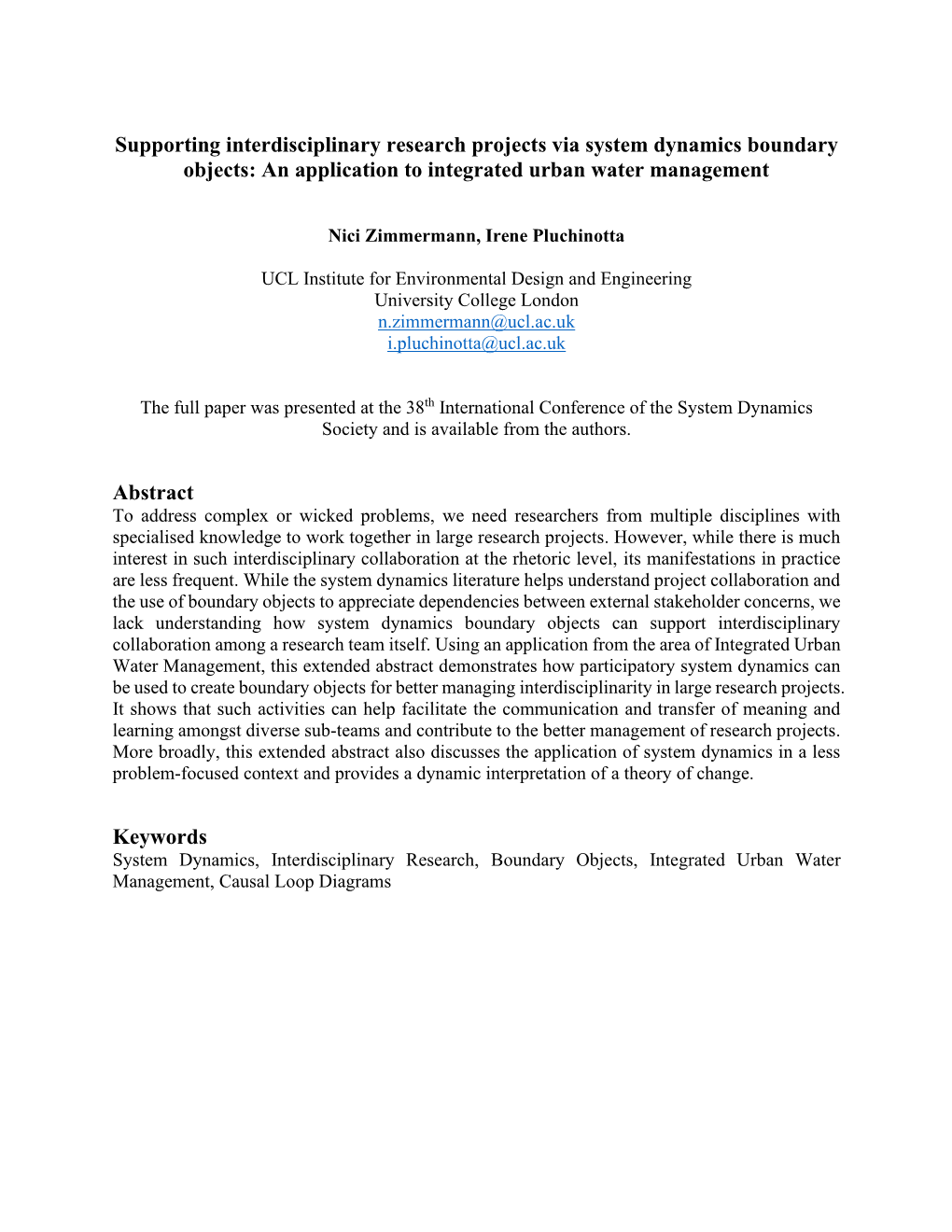 Supporting Interdisciplinary Research Projects Via System Dynamics Boundary Objects: an Application to Integrated Urban Water Management