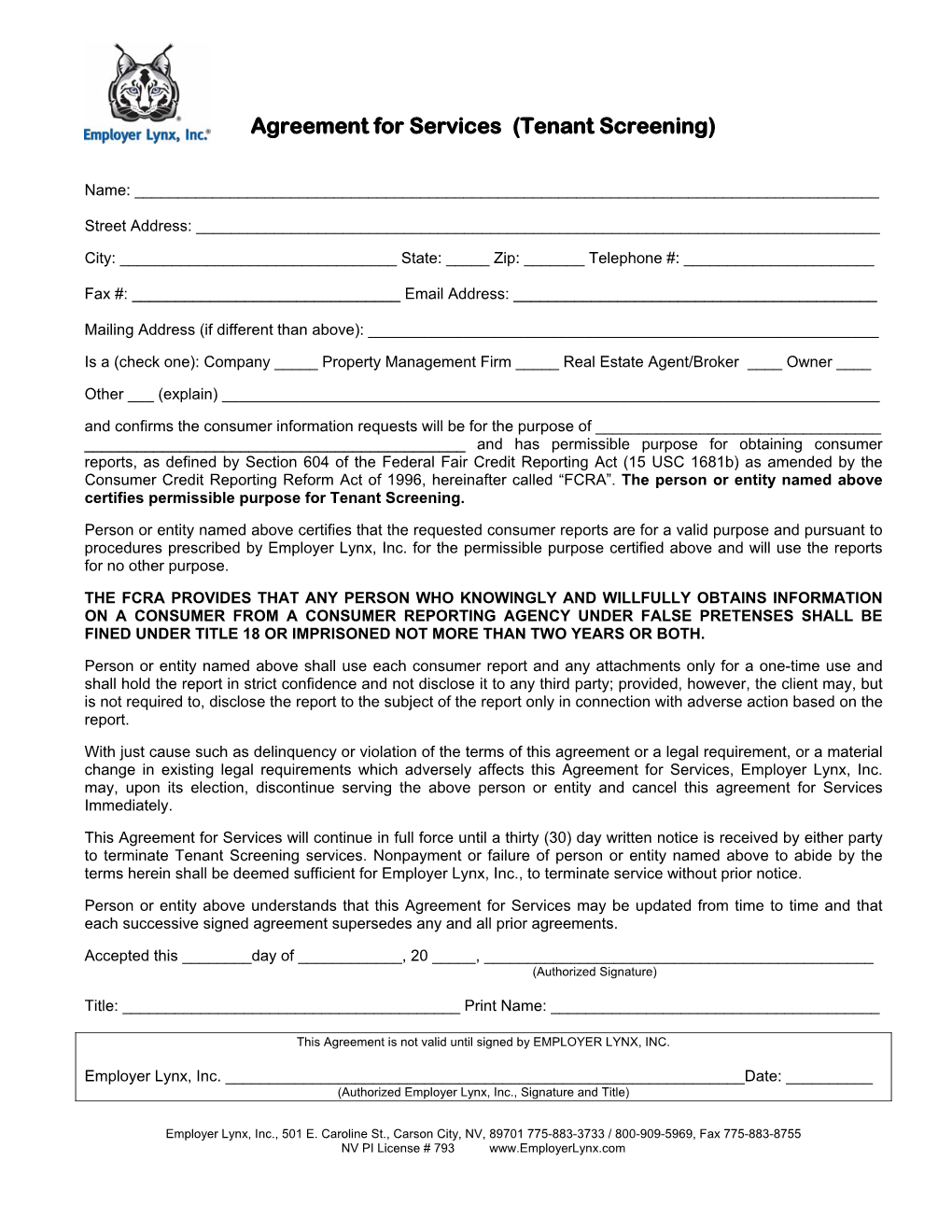 Agreement for Services (Tenant Screening)